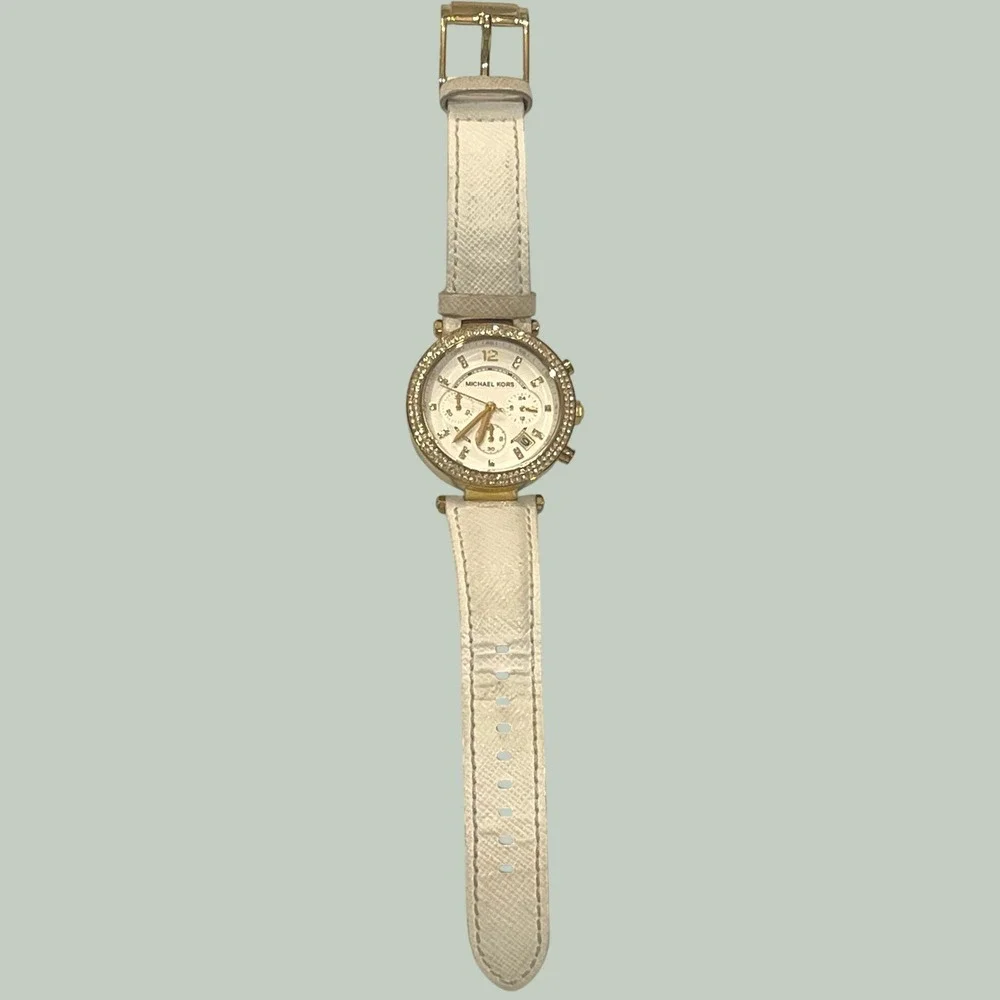 Michael Kors Parker MK-2290 Gold Tone White Leather Crystal Chronograph Watch